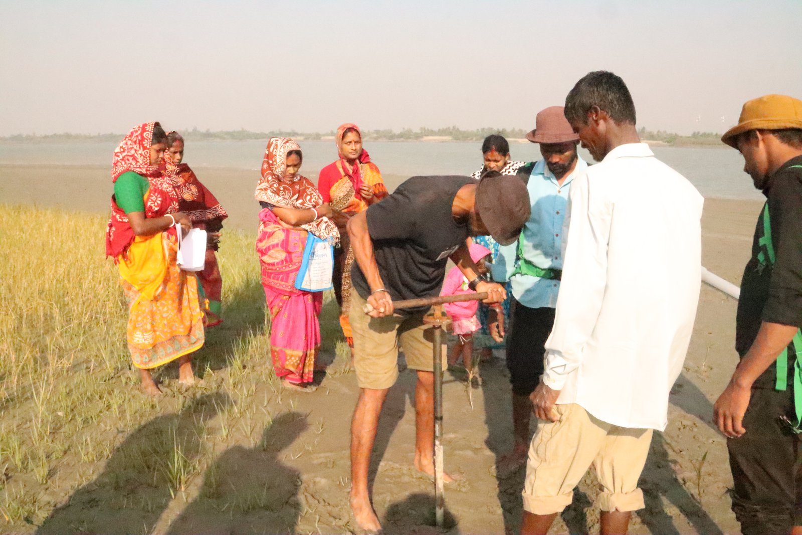 A field team teaching planting on a tidal flat